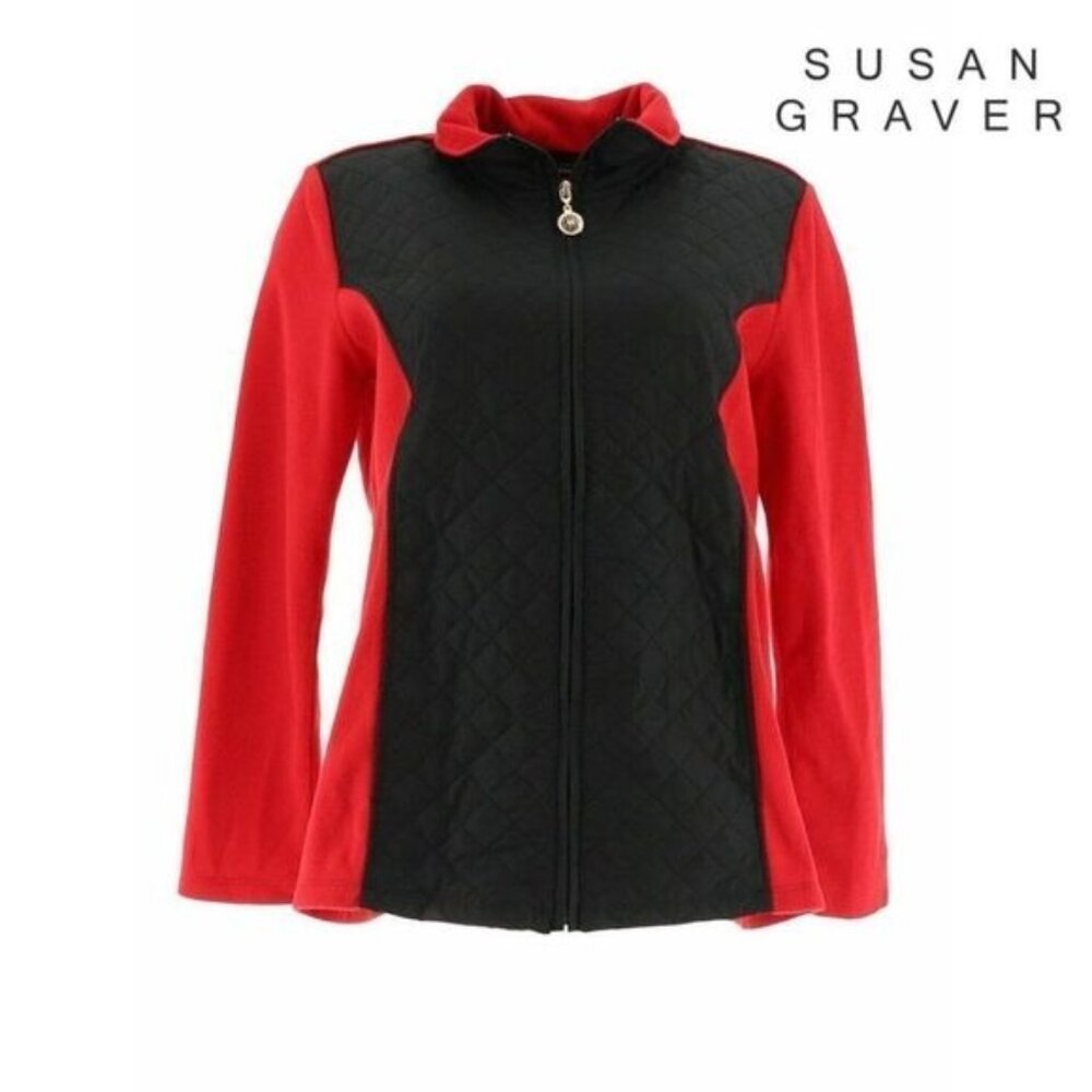 Susan Graver‎ Weekend Red Polar Fleece Quilted Nylon Zip-Front Collared Jacket